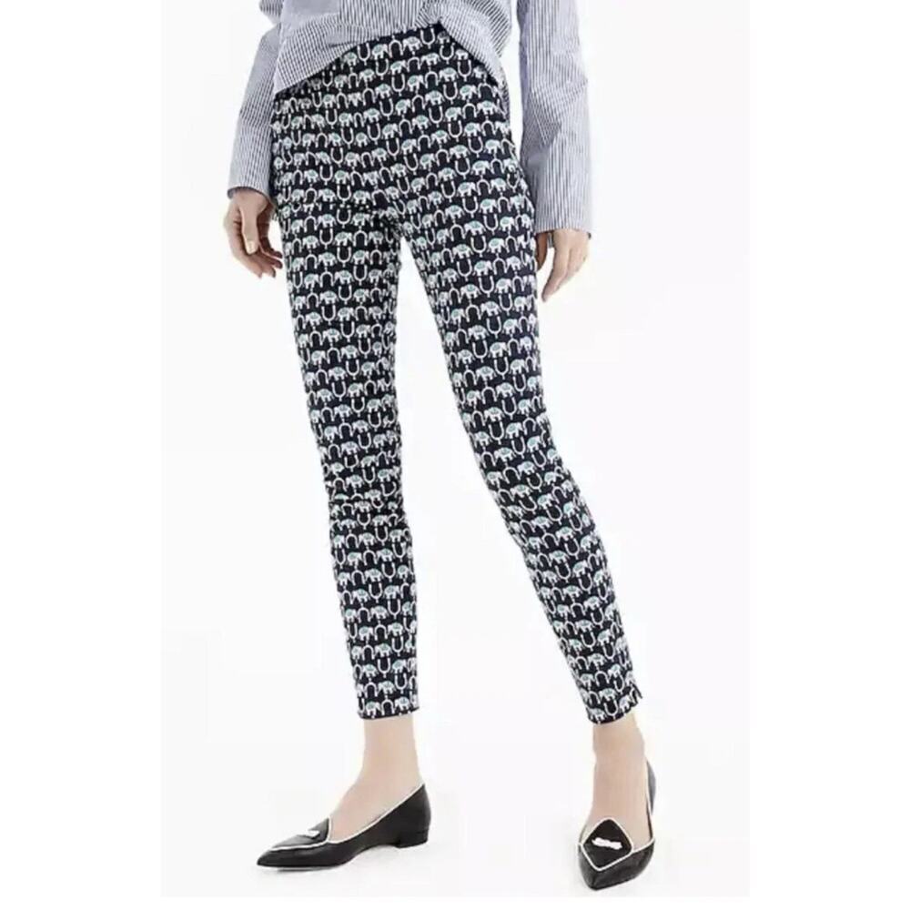 J.Crew Martie Slim Crop Pants Size 6 Elephant Print Blue White Cotton Stretch